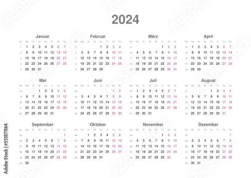 Kalender 2024 mit Wochenzählung, deutsch, Querformat photo