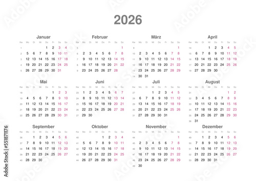 Kalender 2026 mit Wochenzählung, deutsch, Querformat