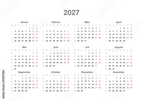 Kalender 2027 mit Wochenzählung, deutsch, Querformat