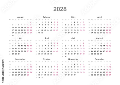 Kalender 2028 mit Wochenzählung, deutsch, Querformat