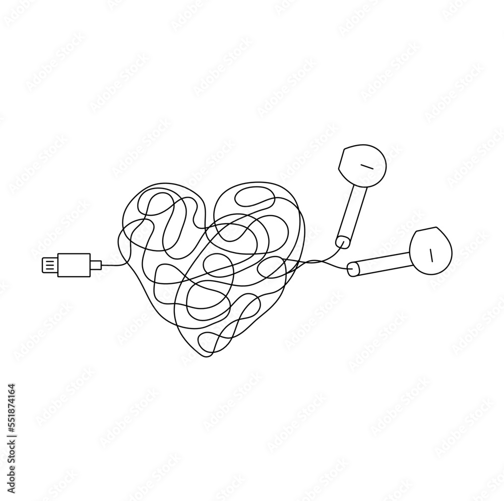 Vector isolated apple headphones with long tangled wire colorless black