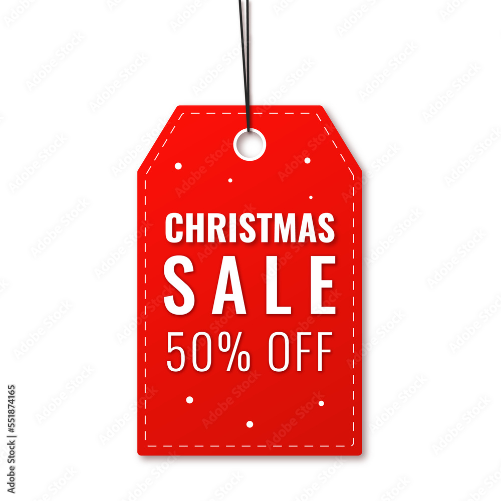 Sale, price tag or label 50 % discount for Christmas and New Year isolated on transparent background. Shopping sticker and badge for promotion. Red sticker for web banners with realistic shadow.