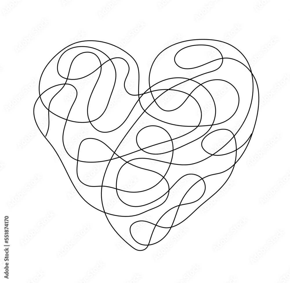 Vector isolated simple minimal one single line heart shape tangled line ...