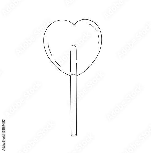 Vector isolated one simple minimal heart shaped caramel lollipop on stick colorless black and white contour line easy drawing