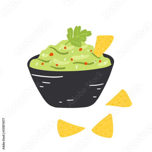 Guacamole in cartoon flat style. Hand drawn vector illustration of mexican traditional food with nachos