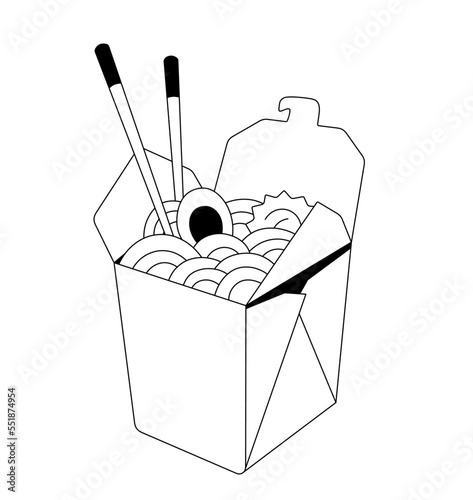 Vector isolated asian japanese chinese food wok udon soba noodles ramen in paper box with chopsticks colorless black and white contour line easy drawing