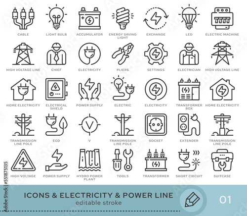 Set of conceptual icons. Vector icons in flat linear style for web sites, applications and other graphic resources. Set from the series - Electricity and Power Line. Editable stroke icon.