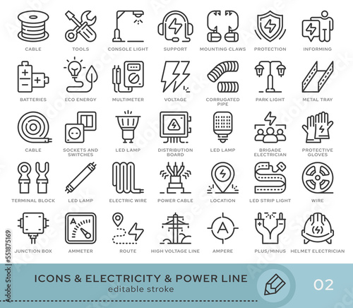Set of conceptual icons. Vector icons in flat linear style for web sites, applications and other graphic resources. Set from the series - Electricity and Power Line. Editable stroke icon.