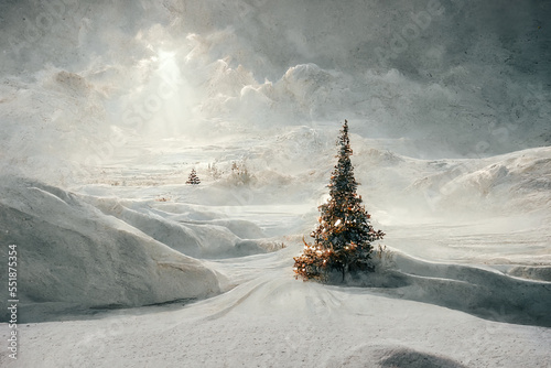 Illustrated snowy winter landscape with christmas tree. Content is created with generative ai