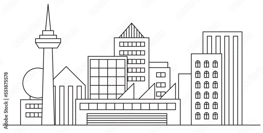 2D high density modern city skyline drawn in black and white. A mixture of illustrations of buildings of various designs and heights.