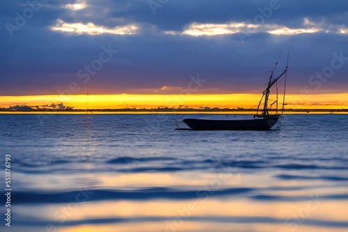 3765934358-mdjrny-v4 style Fishing boat at sunset time. Le Morn Brabant on background___ ### frame, border, ugly, fat, overweigh  photo