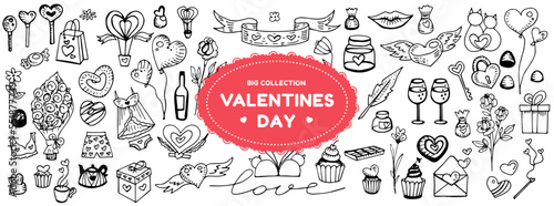 Big collection of Valentines day stickers. Hand drawn doodles on the theme of Valentines day. Doodle set February 14th. Lovers, date, love, heart, romance, kiss, engagement. Vector illustration