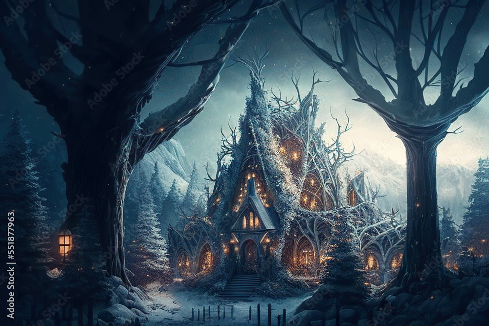 Obraz premium Wonderful fantasy white castle in the majestic white winter forest, AI generated image