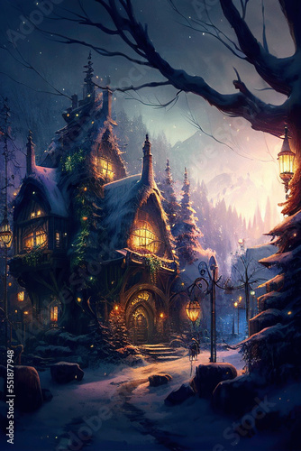 Fantasy house with lanterns, wonderful twilight winter landscape, AI generated image