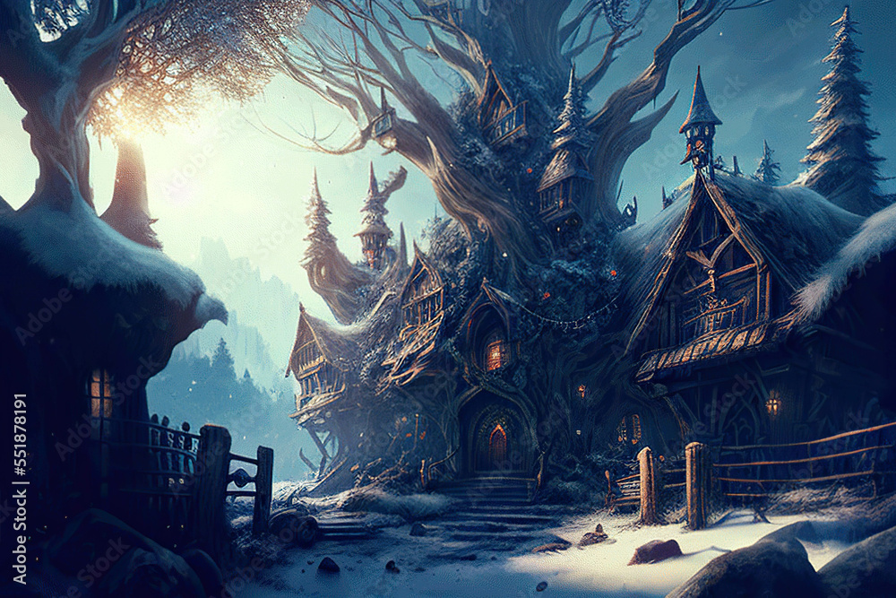 Fototapeta premium Fantasy wooden houses, winter landscape, AI generated image