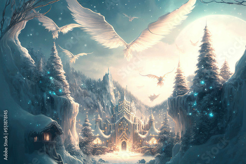 Wonderful fantasy gothic castle in the forest, white birds in the sky, majestic winter landscape, AI generated image
