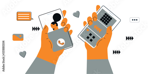 Friends chatting. New generation. Concept of social networks, virtual relationships. Friends chatting and texting. Vector flat illustration