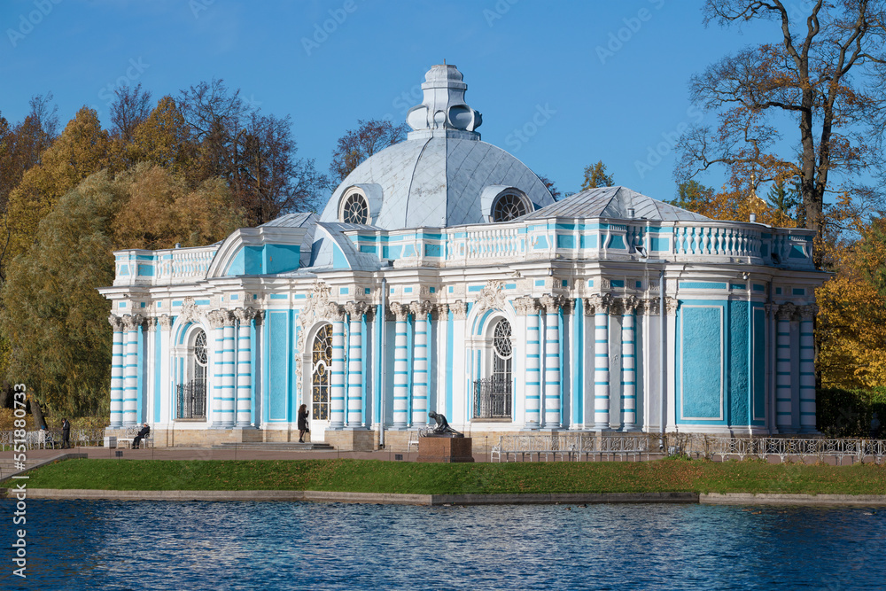 Ancient pavilion Grotto close-up on a sunny October day. Tsarskoye Selo