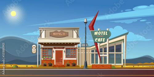 Lonely little cozy motel and roadside cafe. Motel 24 open. Desert road landscape with cafe and motel. Vector illustration