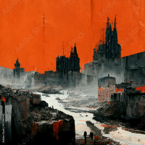  ruined city, avant-garde style with orange and gray hues