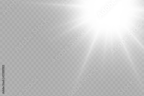White glowing light. Beautiful star Light from the rays. The sun is backlit. Bright beautiful star. Sunlight. Glare.