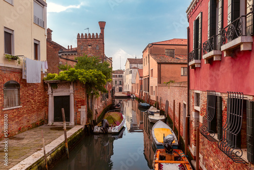 Typical Venetian canal with bridge in early morning, San Barnaba, Venice, Italy photo