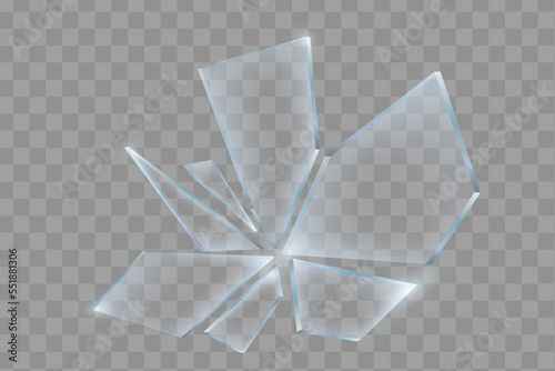 Broken glass pieces. Shattered glass on black background. Vector realistic illustration