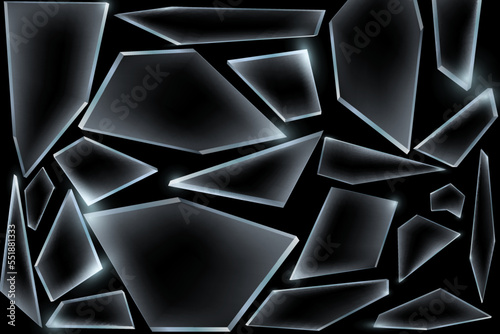 Broken glass pieces. Shattered glass on black background. Vector realistic illustration