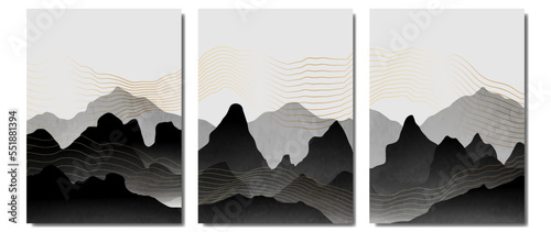 Set of black paintings with watercolors, mountains and gold line art. Oriental vector luxury landscaping background design with golden line texture. Wallpaper design, Wall art for home decor and print