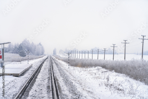 Winter. A single-track railway going over the horizon in a snowy area.