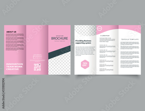 Pink trifold brochure. Design for women's companies. Advertising leaflet. Trifold brochure with space for photo. Vector template.