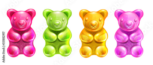 Jelly gummy bear vector set, colored cartoon kids candy, cute cherry baby gum kit, fruit dessert. Edible animal confectionery, funny children sweets, orange taste. Colorful jelly bear collection