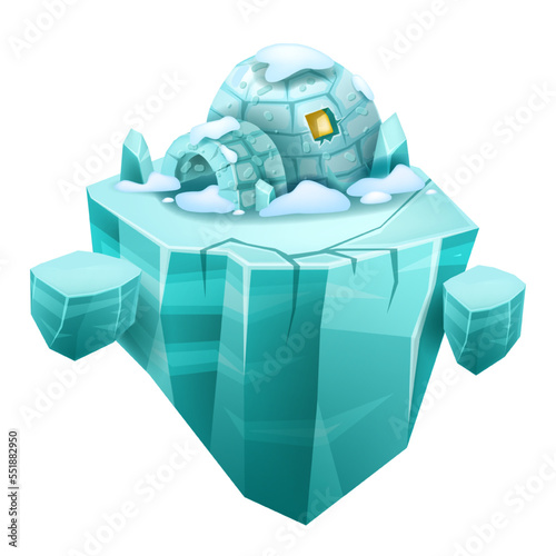 Glacier game island, 3D cartoon iceberg, north igloo house, isometric arctic vector ice land. Fantasy cool polar UI surface, frozen environment scene. Blue crystal winter glacier island concept