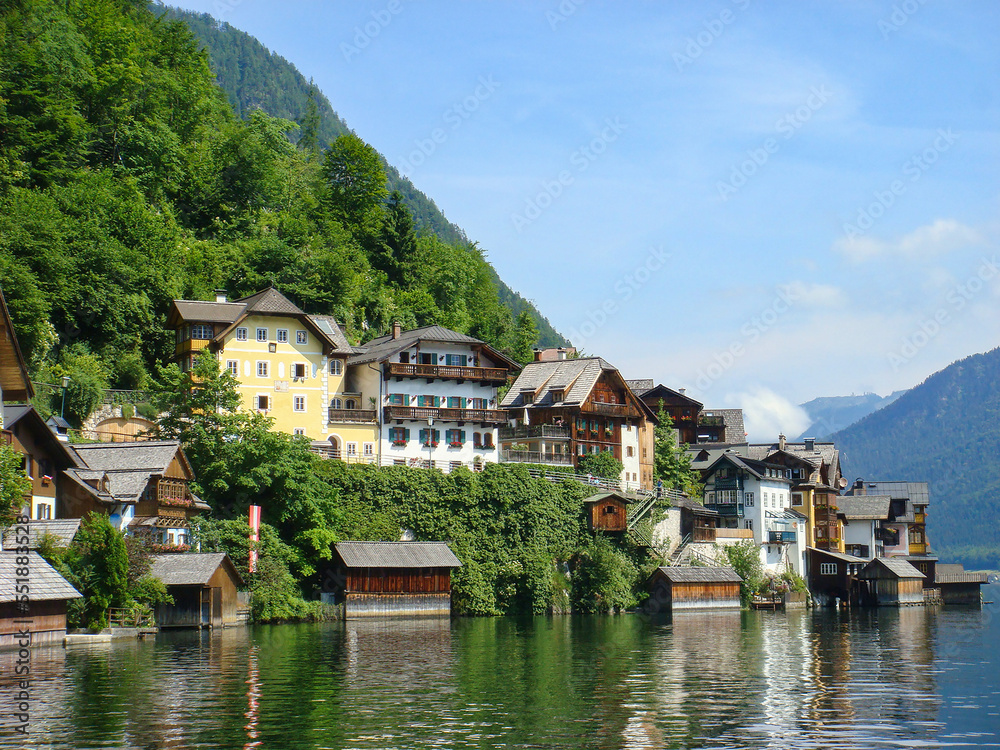 Beautiful view of lake and town on a summer day. Hallstatt. Austria.