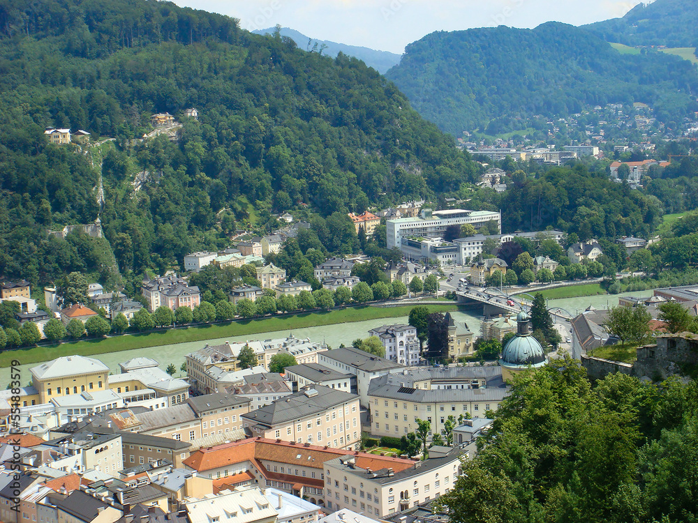Panoramic view of the city and river on a summer day. Salzburg. Austria.