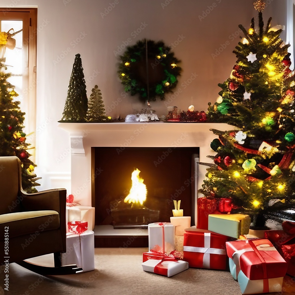 Traditional Christmas morning: Living room decorated with lit Christmas tree, presents and fireplace. AI generated art illustration 