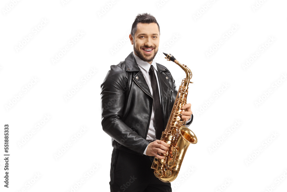 Fototapeta premium Guy with a saxophone smiling at the camera