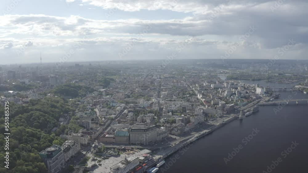 Center of Kyiv. View of Podil. Summer. Dnepr River. Pleasure boats on the river. Aerial. Ukraine Center of Kyiv. View of Podil. Summer. Dnepr River. Pleasure boats on the river. Aerial. Ukraine