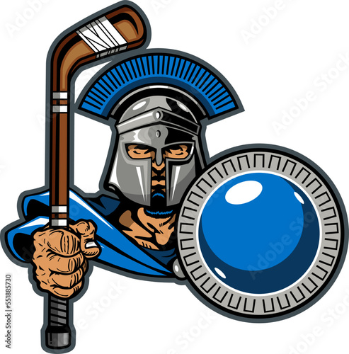 trojan warrior mascot holding hockey stick for school, college or league sports