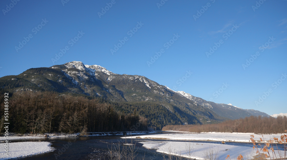 Winter landscape of the Eagle Run dike in Brackendale, Squamish, British Columbia, Canada