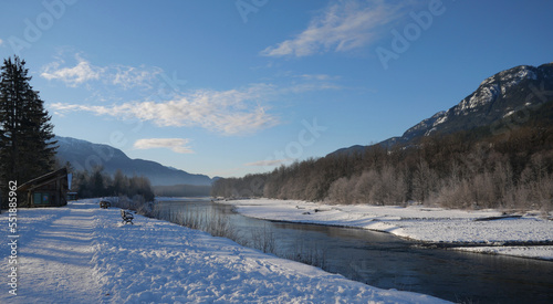 Winter landscape of the Eagle Run dike in Brackendale, Squamish, British Columbia, Canada