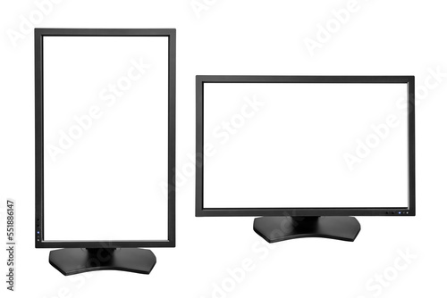 PC monitor in vertical (full page) and horizontal orientation. Isolated png with transparency