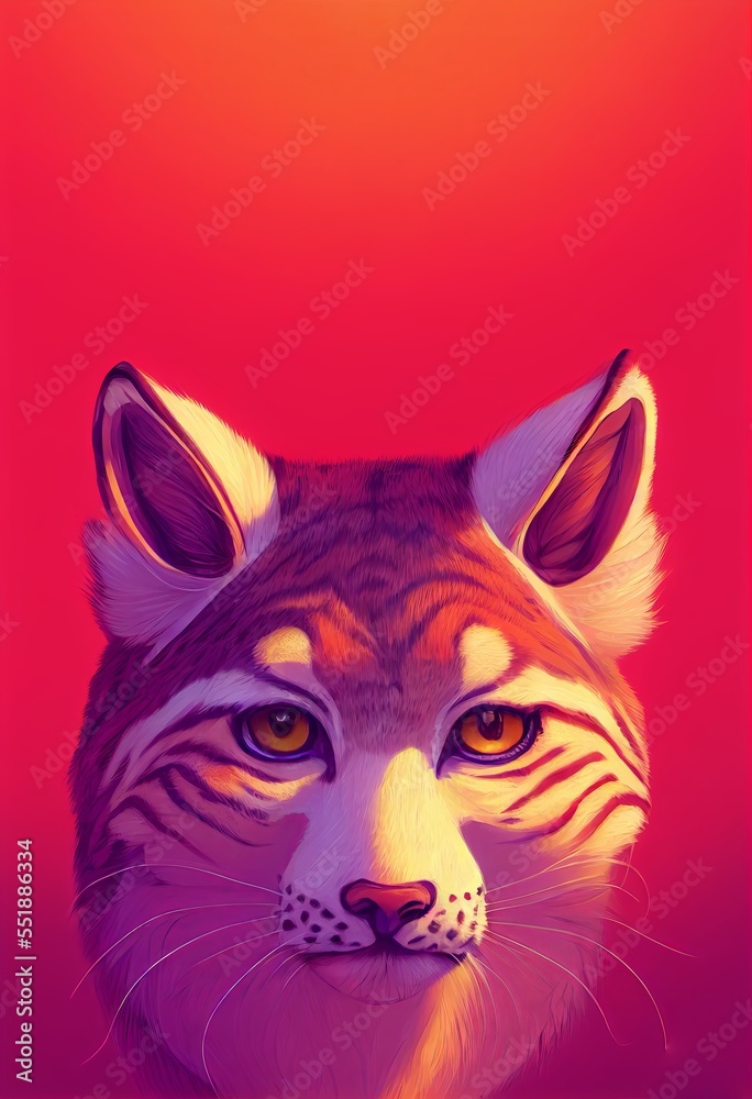 Funny adorable portrait headshot of cute bobcat. North American land animal standing facing front. Looking towards camera. Mystery light bobcat art illustration. Vertical artistic poster. Funny adorable portrait headshot of cute bobcat. North American land animal standing facing front. Looking towards camera. Mystery light bobcat art illustration. Vertical artistic poster.