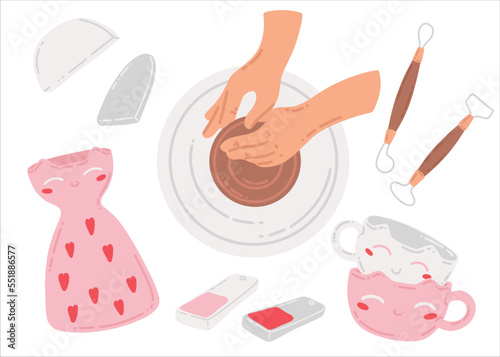 Hands of the master on the potter's wheel. A set of tools for working with clay. Making handmade ceramics. Pottery training. Vector illustration of hobby and creativity.