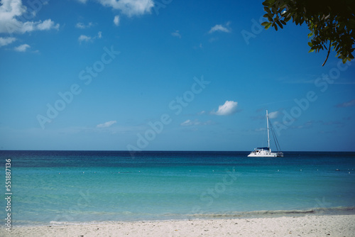 tropical Caribbean island paradise with white sand beach, palm trees, and a sailboat