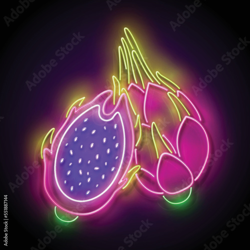 Glow cut and whole dragon fruits (pitahaya). Exotic summer fruit. Neon Light Poster, Flyer, Banner, Signboard. Glossy Background. Vector 3d Illustration 