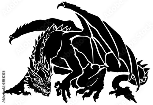 Western Dragon. Black silhouette. Classic European mythological creature with bat-type wings. Sitting pose. Graphic style isolated vector illustration