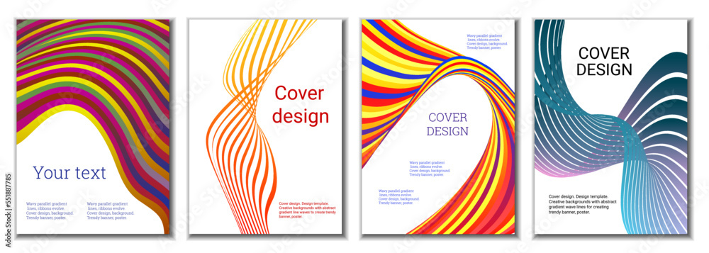 A set of 4 abstract covers. Wavy parallel gradient lines, ribbons evolve. Cover design, background. Trendy banner, poster.