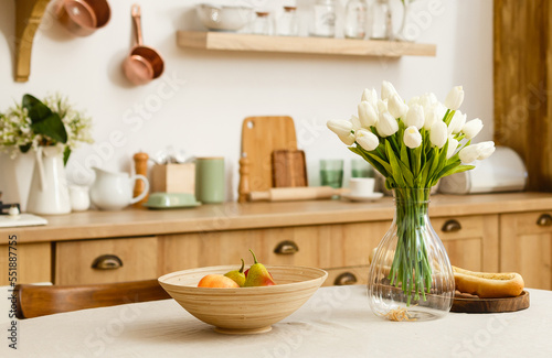 Wood table on kitchen room background