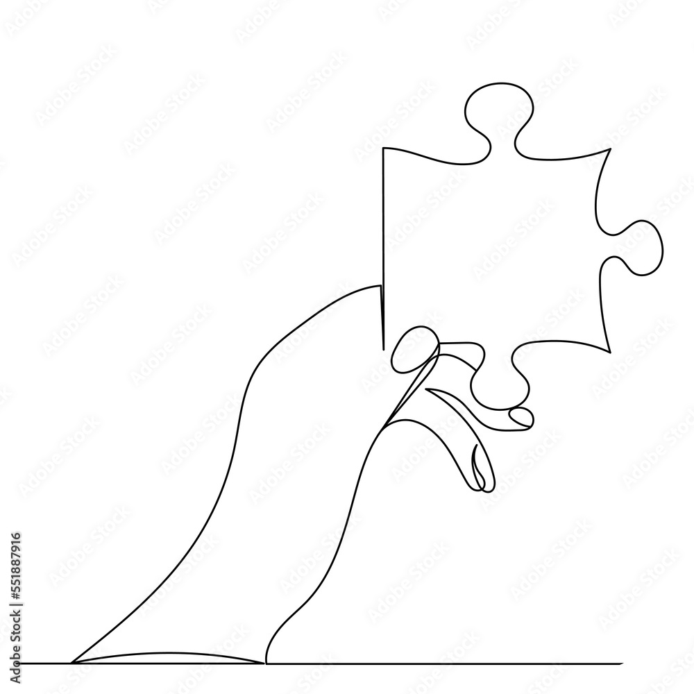 Fototapeta premium hand with puzzle sketch, continuous line drawing, vector